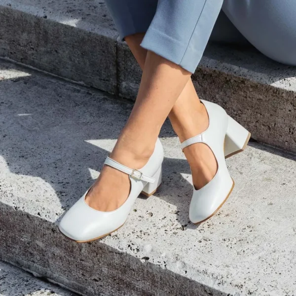 Scarpe Con Tacco | Personal Decollete Mary Jane con Tacco Comodo "Enya" - Nappa Bianco
