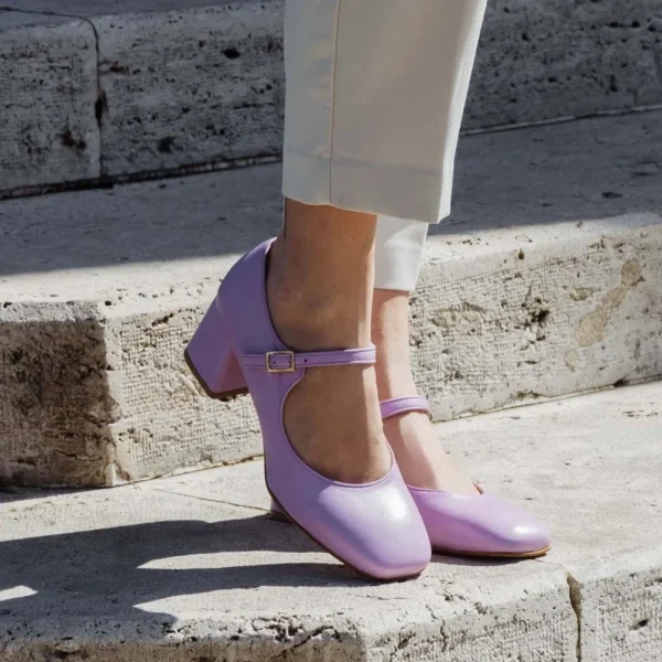 Scarpe Con Tacco | Personal Decollete Mary Jane con Tacco Comodo "Enya" - Nappa Lilla
