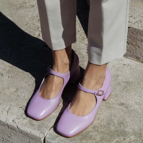 Scarpe Con Tacco | Personal Decollete Mary Jane con Tacco Comodo "Enya" - Nappa Lilla