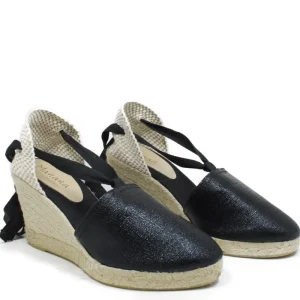 Espadrillas | Sandali Con Zeppa | Mañana Espadrillas con Zeppa Alta e Laccio alla caviglia "701" - Laminato Nero