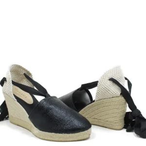 Espadrillas | Sandali Con Zeppa | Mañana Espadrillas con Zeppa Alta e Laccio alla caviglia "701" - Laminato Nero