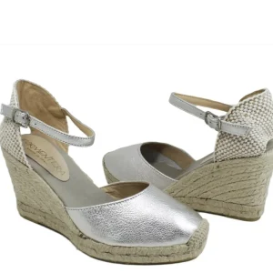 Espadrillas | Sandali Con Zeppa | Mañana Espadrillas in Pelle con Zeppa Alta e Cinturino "712" - Argento