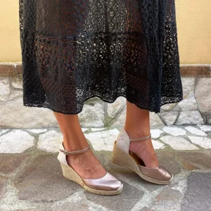 Espadrillas | Sandali Con Zeppa | Mañana Espadrillas in Pelle con Zeppa Alta e Cinturino "712" - Rame LaminatoRame