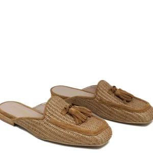 Stringate & Mocassini | Sabot | Personal Sabot Flat in Rafia e Camoscio con Nappine "CAPRI" - Cuoio