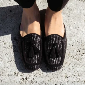 Stringate & Mocassini | Sabot | Personal Sabot Flat in Rafia e Camoscio con Nappine "CAPRI" - Nero