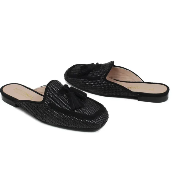 Stringate & Mocassini | Sabot | Personal Sabot Flat in Rafia e Camoscio con Nappine "CAPRI" - Nero