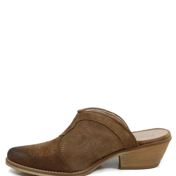 Sabot | Scarpe Con Tacco | Personal Sabot Texani Ricamati con Tacco Medio "ADEL" - Camoscio Cuoio