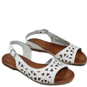 Sandali Bassi | In Time Sandali Bassi Flat Traforati in Pelle "Patty" - /Cuoio Bianco