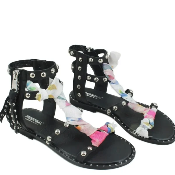 Sandali Bassi | Personal Sandali Bassi in Pelle con Borchie e Foulard "Jondal" - Nero