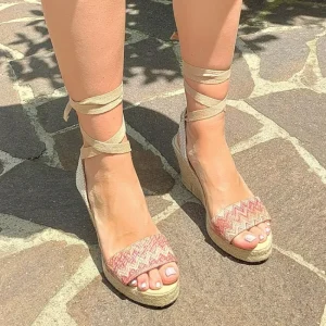 Espadrillas | Sandali Con Zeppa | Mañana Sandali Espadrillas Spuntati in Pelle Zeppa Alta Lacci Alla Caviglia "819" - Rosa