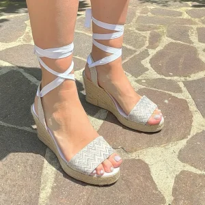 Espadrillas | Sandali Con Zeppa | Mañana Sandali Espadrillas Spuntati in Pelle Zeppa Alta Lacci Alla Caviglia "819" - /Lilla Bianco