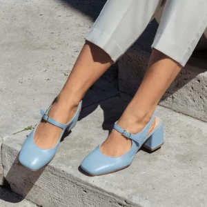 Scarpe Con Tacco | Personal Slingback Mary Jane con Tacco Comodo "Tesia" - Nappa Azzurro