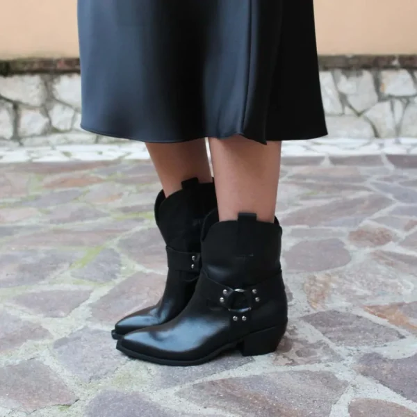 Stivali Con Tacco | Stivali Texani | Personal Stivaletti Camperos Texanini con Cavigliera "GLEN" - Pelle Nero
