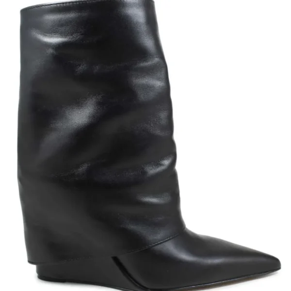 Stivali E Scarpe Con Zeppa | Stivali Invernali | Personal Stivaletti su Zeppa Alta Punta Fina e Bavero Risvolto "FILL" - Pelle Nero