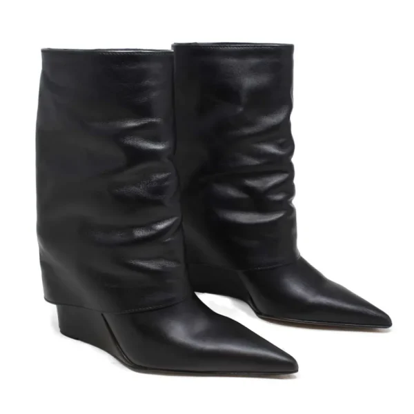 Stivali E Scarpe Con Zeppa | Stivali Invernali | Personal Stivaletti su Zeppa Alta Punta Fina e Bavero Risvolto "FILL" - Pelle Nero