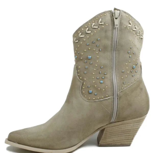 Stivali Con Tacco | Stivali Estivi | Personal Stivaletti Texani con Borchie e Perline "ARIZONA" - Beige