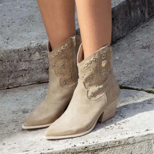 Stivali Con Tacco | Stivali Estivi | Personal Stivaletti Texani con Borchie e Perline "ARIZONA" - Beige