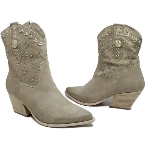 Stivali Con Tacco | Stivali Estivi | Personal Stivaletti Texani con Borchie e Perline "ARIZONA" - Beige