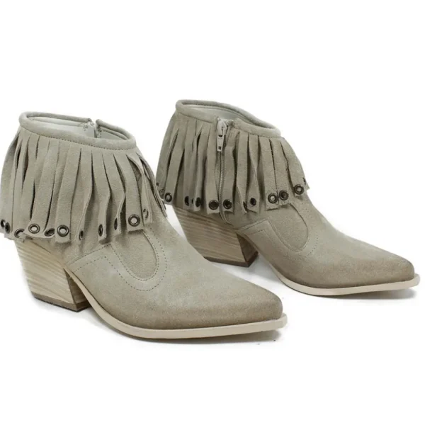 Stivali Con Tacco | Tronchetti | Personal Stivaletti Texani con Frange e Occhielli "Trenza" - Beige