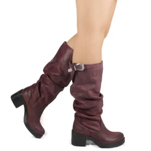 Stivali Con Tacco | Stivali Invernali | In Time Stivali Alti Biker Boots con Tacco "58/A" - Nabuk Bordeaux