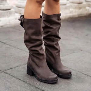 Stivali Con Tacco | Stivali Invernali | In Time Stivali Alti Biker Boots con Tacco "58/A" - Nabuk Testa di Moro TestadiMoro