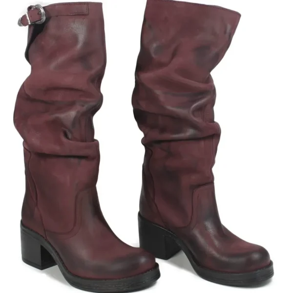 Stivali Con Tacco | Stivali Invernali | In Time Stivali Alti Biker Boots con Tacco "58/A" - Nabuk Bordeaux