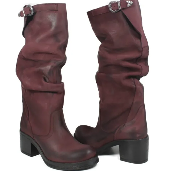 Stivali Con Tacco | Stivali Invernali | In Time Stivali Alti Biker Boots con Tacco "58/A" - Nabuk Bordeaux