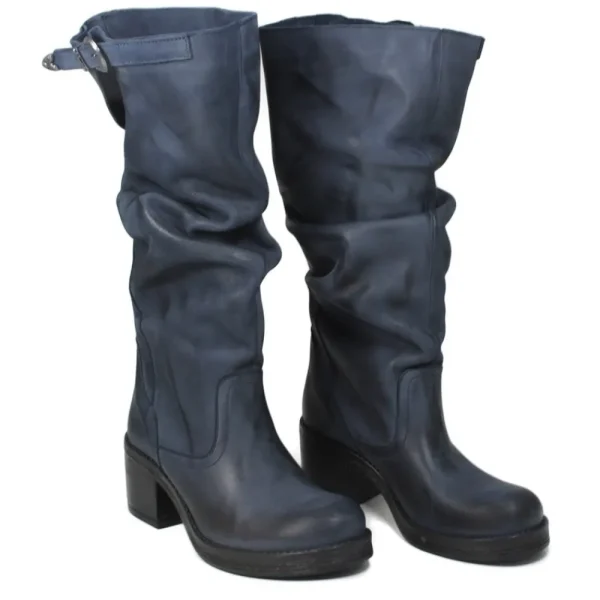 Stivali Con Tacco | Stivali Invernali | In Time Stivali Alti Biker Boots con Tacco "58/A" - Nabuk Blu