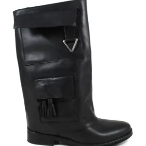 Stivali E Scarpe Con Zeppa | Stivali Invernali | Personal Stivali alti con zeppa interna bavero risvolto e tasche tattiche "LARA" - Pelle Nero