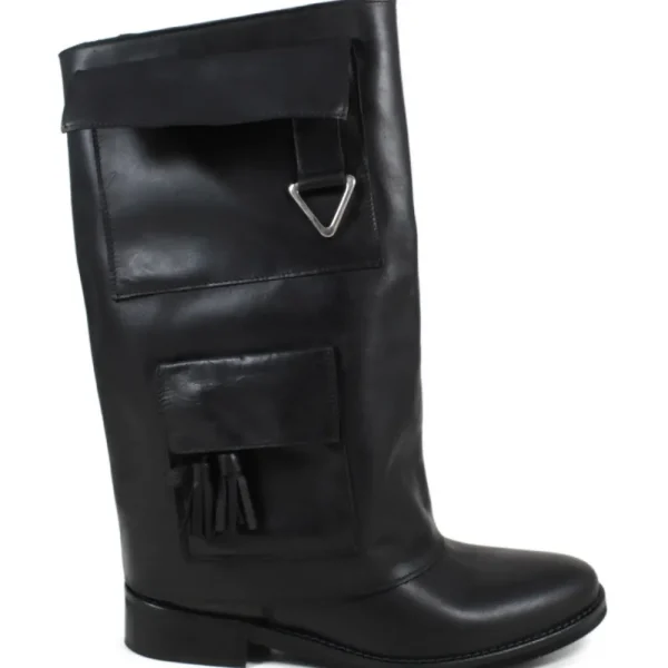 Stivali E Scarpe Con Zeppa | Stivali Invernali | Personal Stivali alti con zeppa interna bavero risvolto e tasche tattiche "LARA" - Pelle Nero