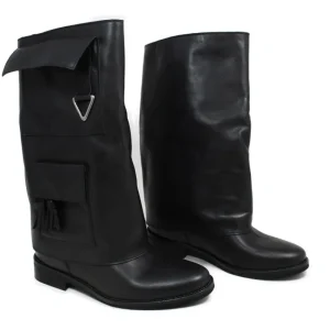 Stivali E Scarpe Con Zeppa | Stivali Invernali | Personal Stivali alti con zeppa interna bavero risvolto e tasche tattiche "LARA" - Pelle Nero
