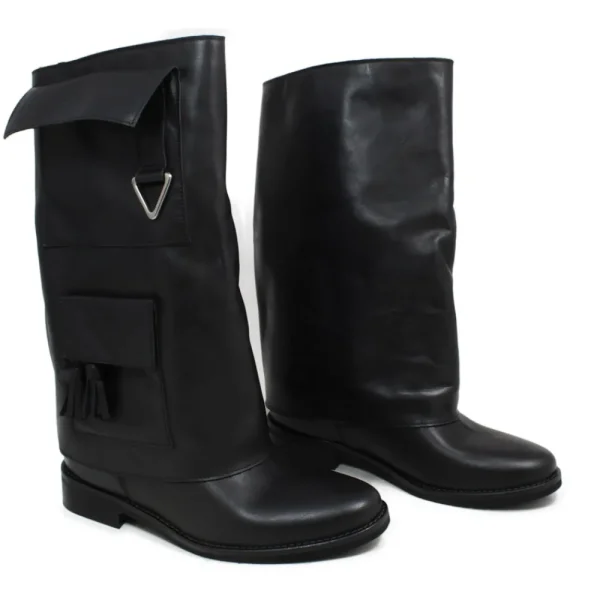 Stivali E Scarpe Con Zeppa | Stivali Invernali | Personal Stivali alti con zeppa interna bavero risvolto e tasche tattiche "LARA" - Pelle Nero