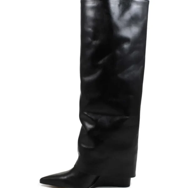 Stivali E Scarpe Con Zeppa | Stivali Invernali | Personal Stivali Alti su Zeppa Alta Punta Fina e Bavero Risvolto "LIF" - Pelle Nero