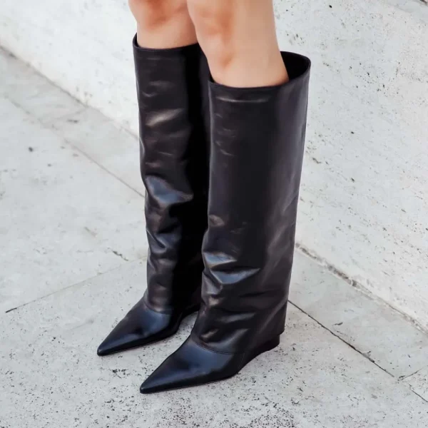 Stivali E Scarpe Con Zeppa | Stivali Invernali | Personal Stivali Alti su Zeppa Alta Punta Fina e Bavero Risvolto "LIF" - Pelle Nero