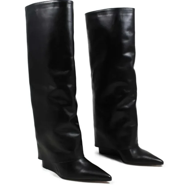 Stivali E Scarpe Con Zeppa | Stivali Invernali | Personal Stivali Alti su Zeppa Alta Punta Fina e Bavero Risvolto "LIF" - Pelle Nero