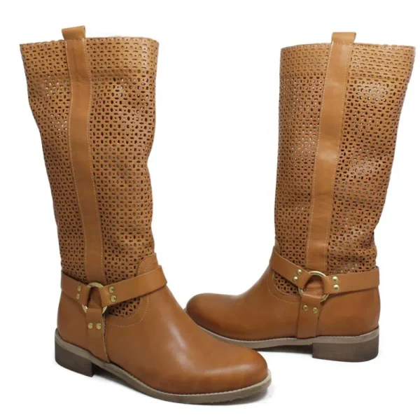 Stivali Estivi | Bikers Estivi | Personal Stivali Biker Alti Traforati con Cavigliera "Ely" - Cuoio