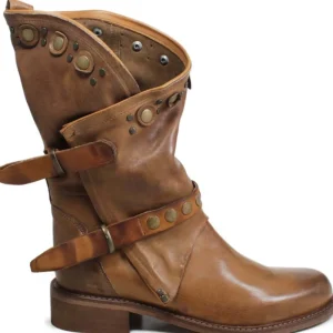 Bikers Estivi | Stivali Estivi | Personal Stivali Biker Boots con borchie e due cinturini "DALIA" - Lavato Cuoio