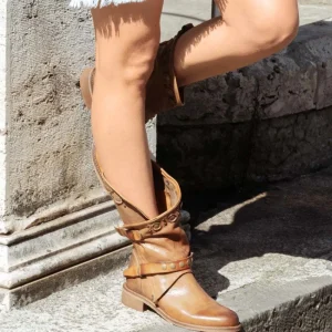 Bikers Estivi | Stivali Estivi | Personal Stivali Biker Boots con borchie e due cinturini "DALIA" - Lavato Cuoio