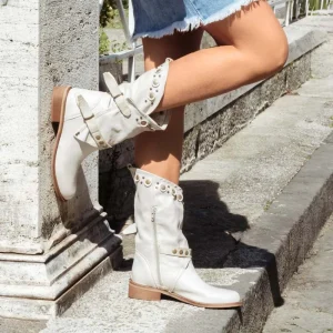 Stivali Estivi | Bikers Estivi | Personal Stivali Biker Boots con borchie e due cinturini "DALIA" - Lavato Beige