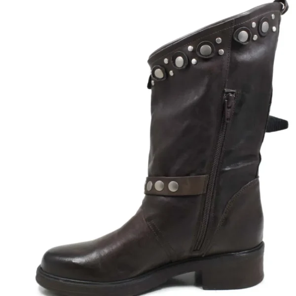 Stivali Invernali | Bikers Invernali | Personal Stivali Biker Boots con borchie e due cinturini "MAIRA" - Lavato Marrone TestadiMoro