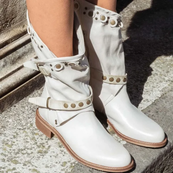 Stivali Estivi | Bikers Estivi | Personal Stivali Biker Boots con borchie e due cinturini "DALIA" - Lavato Beige
