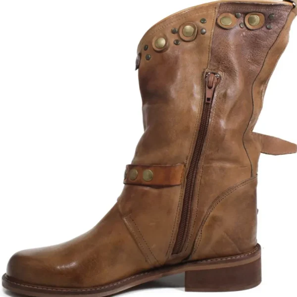 Bikers Estivi | Stivali Estivi | Personal Stivali Biker Boots con borchie e due cinturini "DALIA" - Lavato Cuoio
