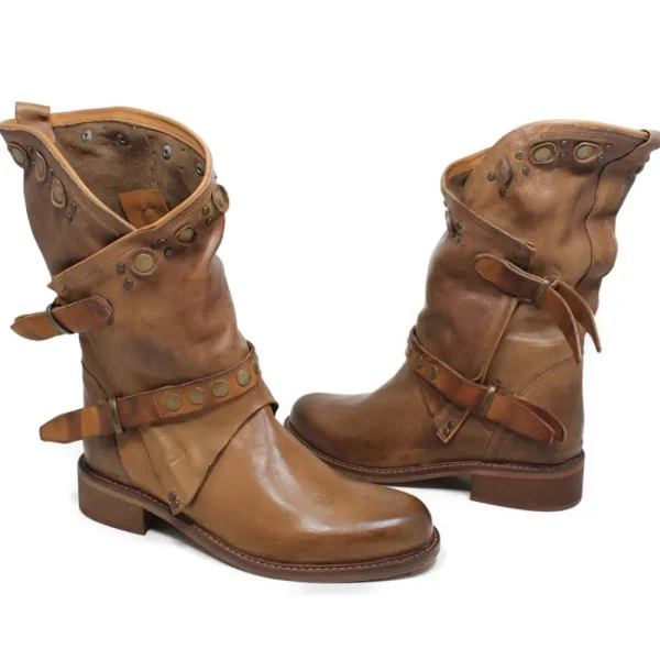 Bikers Estivi | Stivali Estivi | Personal Stivali Biker Boots con borchie e due cinturini "DALIA" - Lavato Cuoio