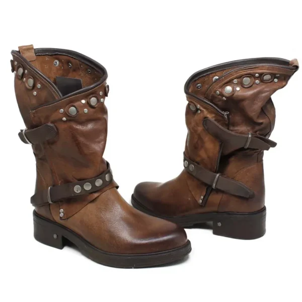Stivali Invernali | Bikers Invernali | Personal Stivali Biker Boots con borchie e due cinturini "MAIRA" - Lavato Cuoio