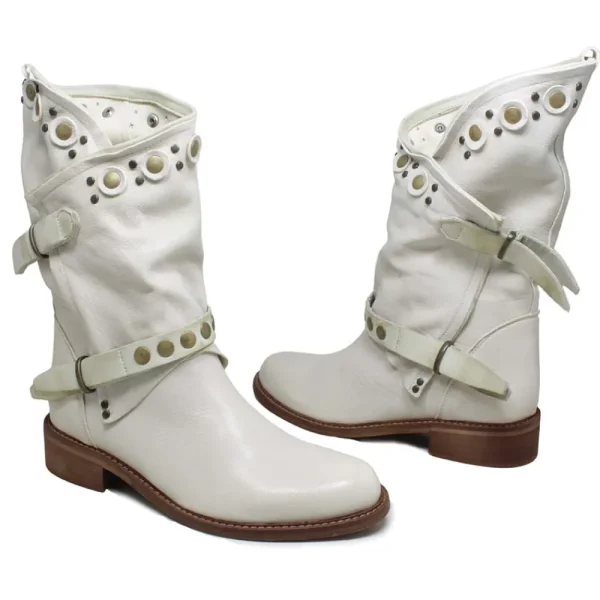 Stivali Estivi | Bikers Estivi | Personal Stivali Biker Boots con borchie e due cinturini "DALIA" - Lavato Beige