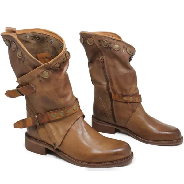 Bikers Estivi | Stivali Estivi | Personal Stivali Biker Boots con borchie e due cinturini "DALIA" - Lavato Cuoio