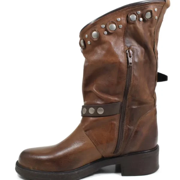 Stivali Invernali | Bikers Invernali | Personal Stivali Biker Boots con borchie e due cinturini "MAIRA" - Lavato Cuoio
