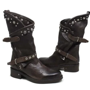 Stivali Invernali | Bikers Invernali | Personal Stivali Biker Boots con borchie e due cinturini "MAIRA" - Lavato Marrone TestadiMoro