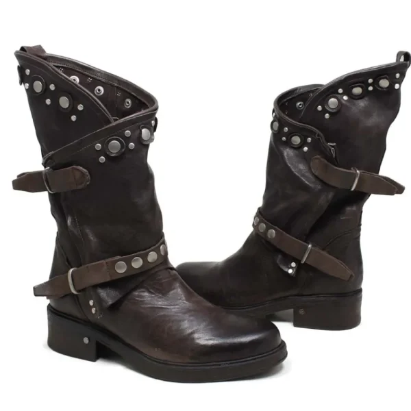 Stivali Invernali | Bikers Invernali | Personal Stivali Biker Boots con borchie e due cinturini "MAIRA" - Lavato Marrone TestadiMoro