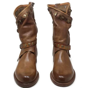 Bikers Estivi | Stivali Estivi | Personal Stivali Biker Boots con borchie e due cinturini "DALIA" - Lavato Cuoio